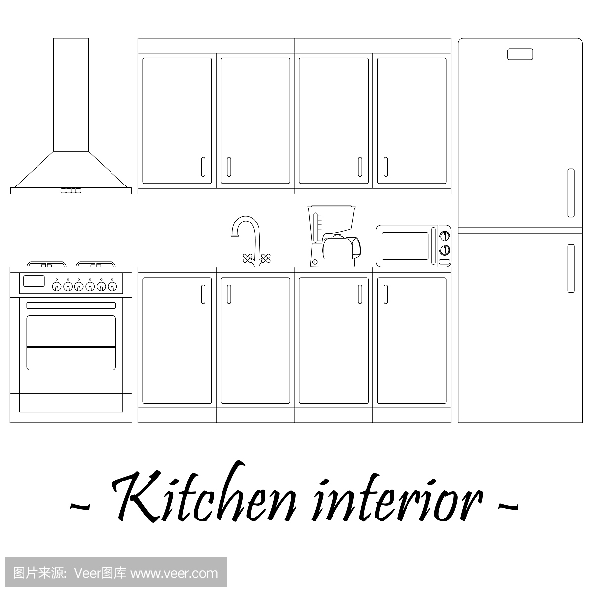 厨房内部的黑白矢量插图。